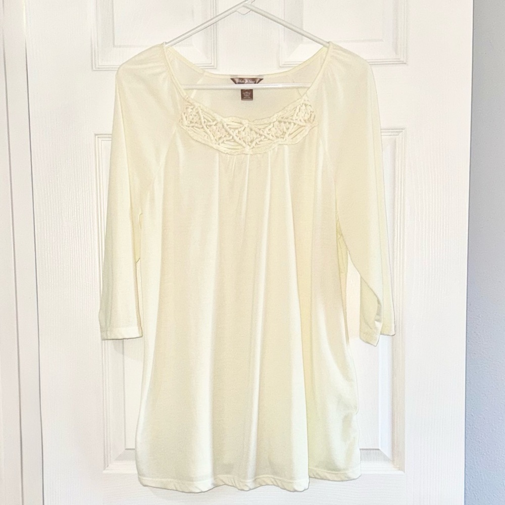 White Stag Plus Size Cream Sheer Blouse | Lace Detail | Flowy Tunic | 3/4 Sleeve